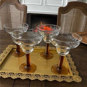 Four vintage margarita glasses with brown stem
